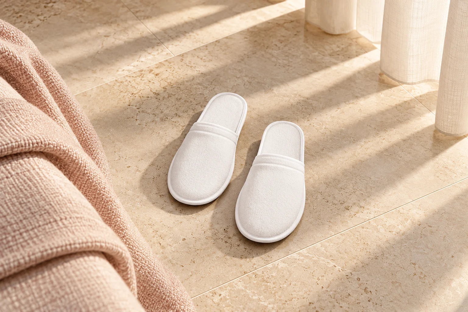 Hotel slipper styling concept, with white slippers, rose fabric and warm natural light